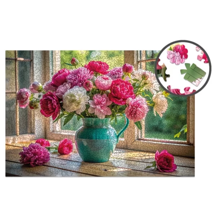 Drewniane puzzle Kwiaty w wazonie 500 elementów – ułożony obraz z zbliżeniem na detal.