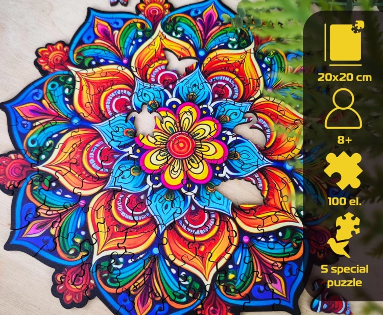 zbliżenie na mandalę z ikonami: 20x20 cm, 100 elementów, wiek 8+, drewniane puzzle