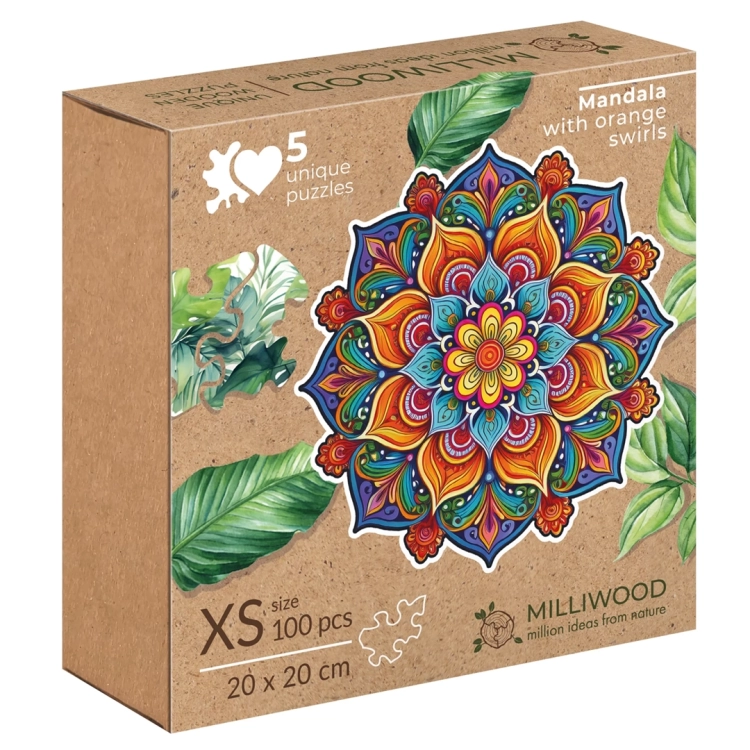 pudełko z puzzlami drewnianymi Mandala radości od Milliwood, 100 elementów, 5 unikalnych kształtów