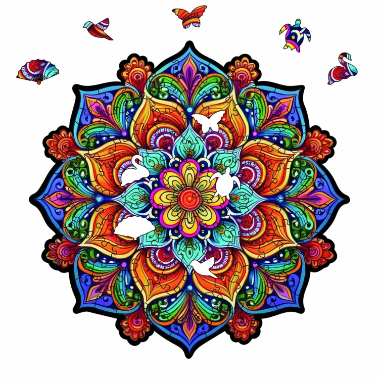 kolorowa mandala z elementami puzzli w kształcie ptaków i motyli, puzzle drewniane Milliwood