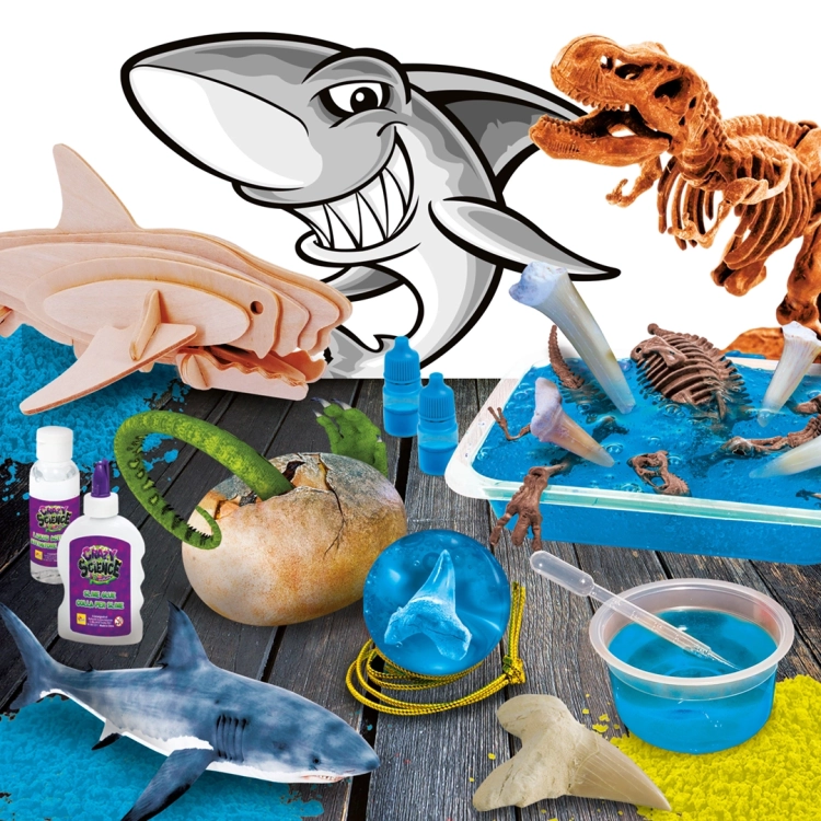 Zestaw naukowy Rekiny i Dinozaury – elementy zestawu z rekinem, szkieletem dinozaura i akcesoriami.