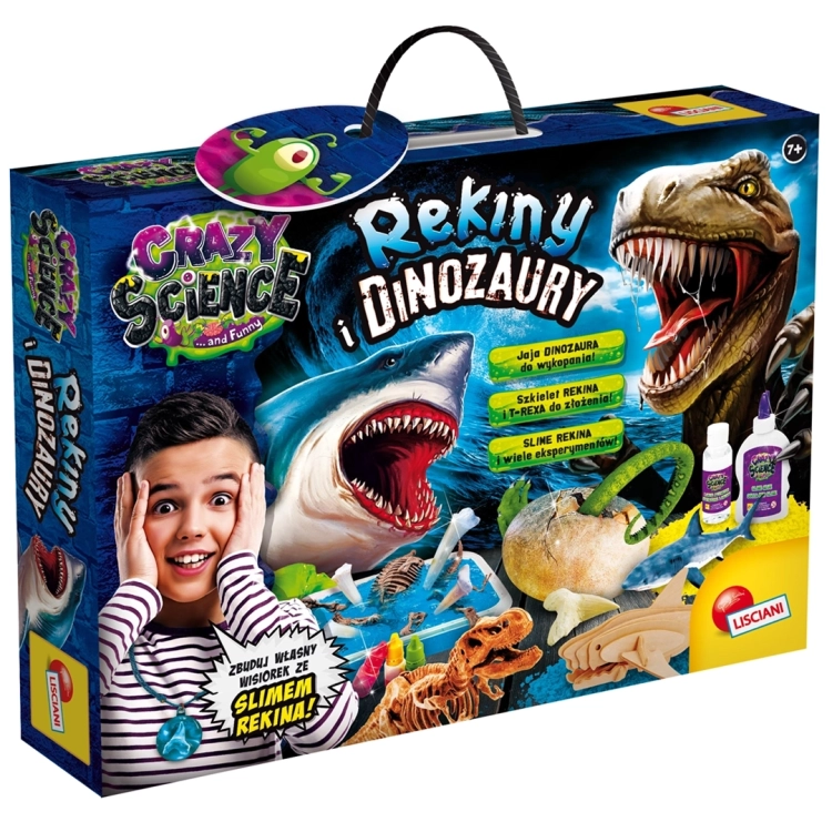 Opakowanie zestawu Rekiny i Dinozaury – edukacyjna zabawka naukowa dla dzieci 7+ od Lisciani.
