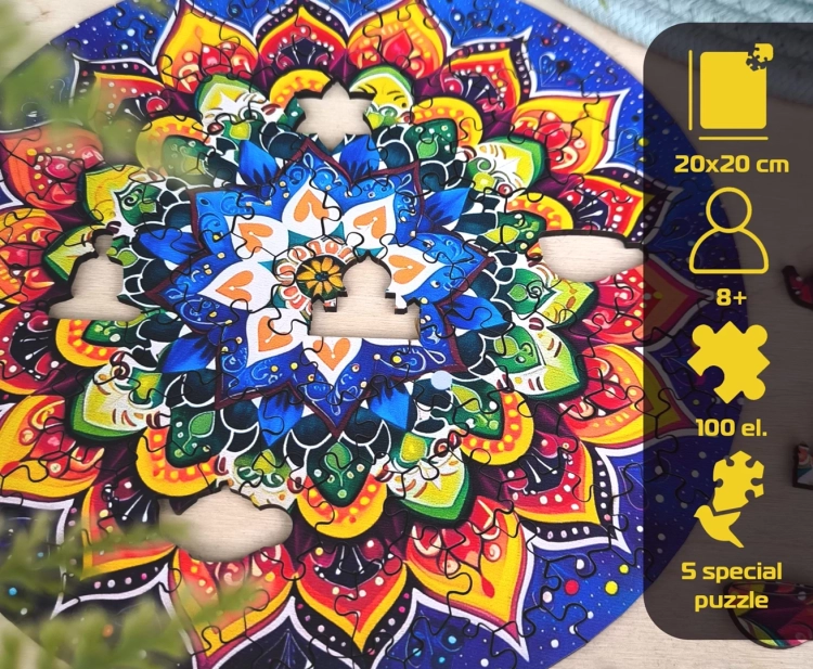 Kolorowa mandala nocna z zaznaczonymi puzzlami specjalnymi i ikonami informacyjnymi.
