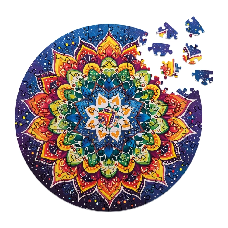 Mandala drewniana z brakującymi elementami i rozsypanymi puzzlami.