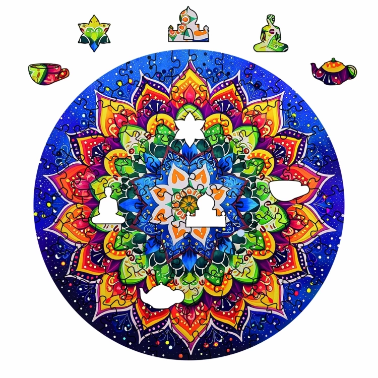 Mandala nocna z wyciętymi puzzlami w kształtach buddy, lampy i świątyni.
