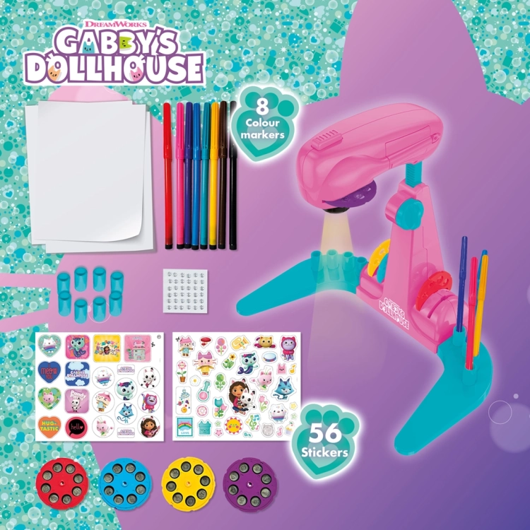 Zawartość zestawu Gabby’s Dollhouse – projektor, 8 pisaków, 56 naklejek i 32 rysunki