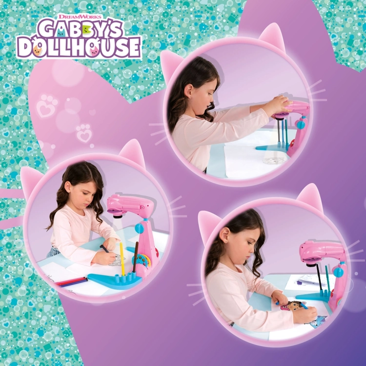 Dziewczynka korzystająca z projektora Gabby’s Dollhouse do rysowania i dekoracji