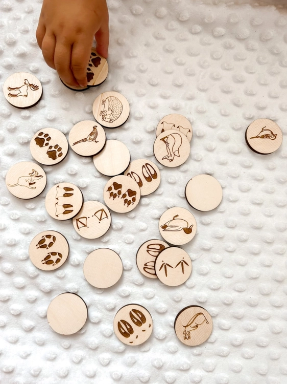 Drewniane żetony z różnymi zwierzętami i ich śladami z gry memory Sounds Wood na kocyku.