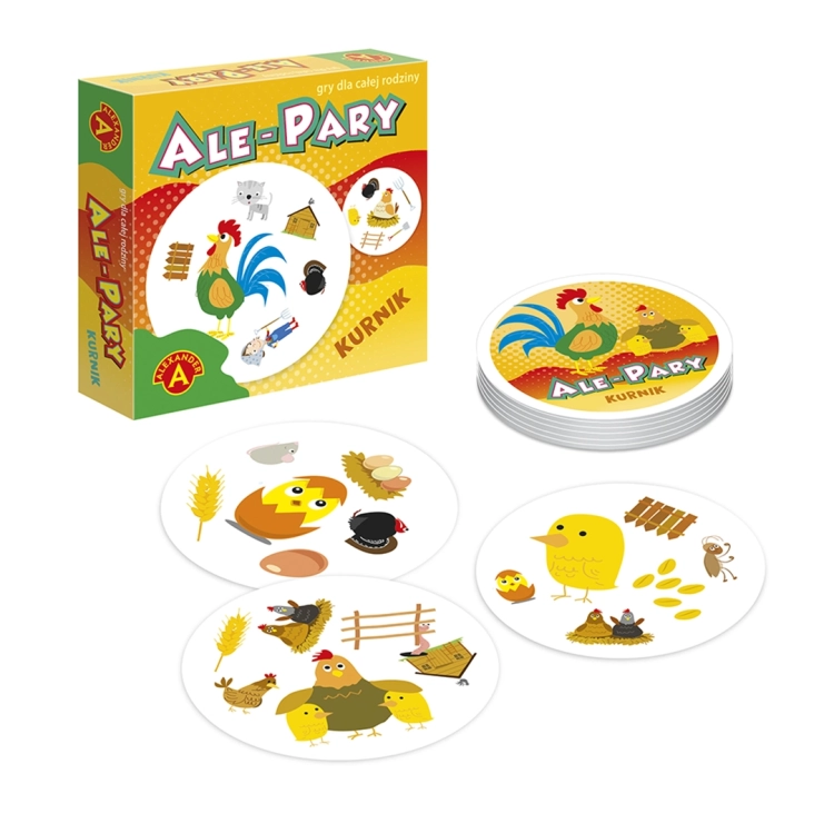 Pudełko gry Ale Pary Kurnik obok stosu okrągłych kart oraz kilku pojedynczych kart z ilustracjami kurczaka i jaj.
