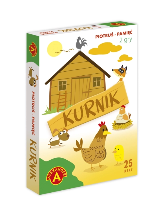 Grafika pudełka gry karcianej Piotruś Pamięć Kurnik z ilustracjami kurnika, kury, lisa, psa i kurczaka.