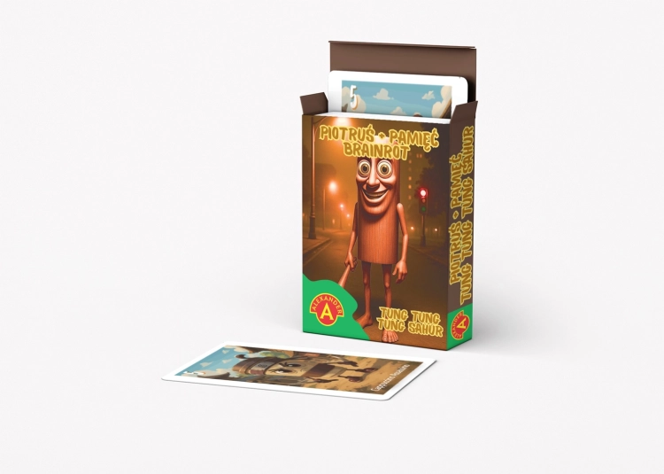 Pudełko gry Piotruś Brainrot Tung Sahur z otwartym wieczkiem, ukazujące znajdujące się w środku karty, z jedną kartą leżącą obok.