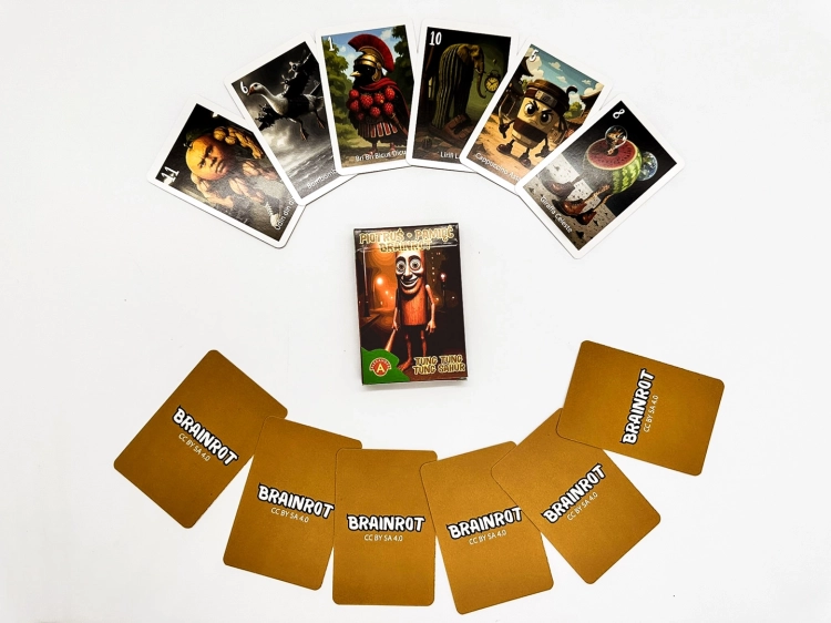 Rozłożone karty z gry Piotruś Brainrot Tung Sahur wokół pudełka, z widocznymi rewersami kart i różnorodnymi, surrealistycznymi ilustracjami.