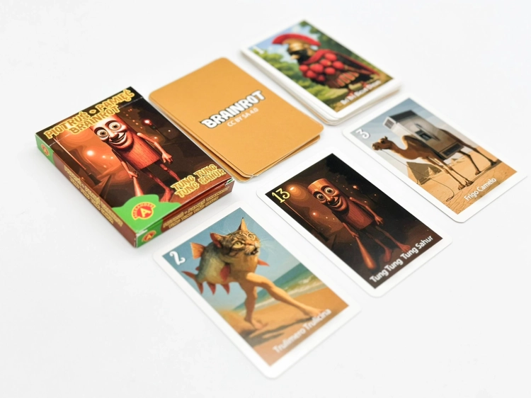 Pudełko gry Piotruś Brainrot Tung Sahur oraz kilka kart rozłożonych na białym tle, w tym karta z dziwnym stworem i karta z Tung Tung Tung Sahur.