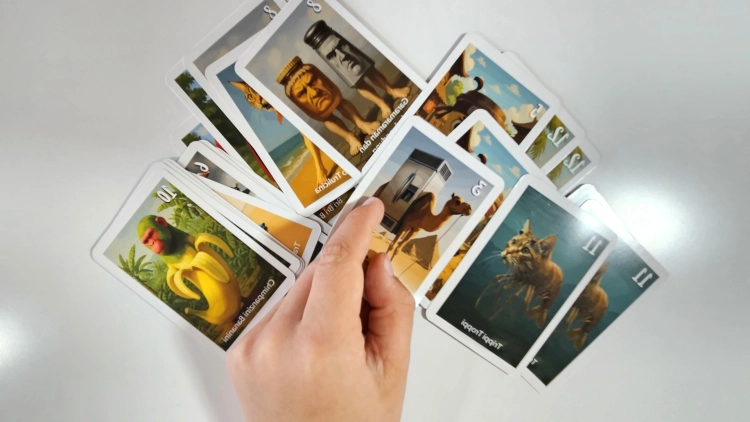 Ręka trzymająca kartę z wielbłądem, otoczoną innymi kartami z gry Piotruś Brainrot Tung Sahur, przedstawiającymi różne abstrakcyjne postaci i obiekty.