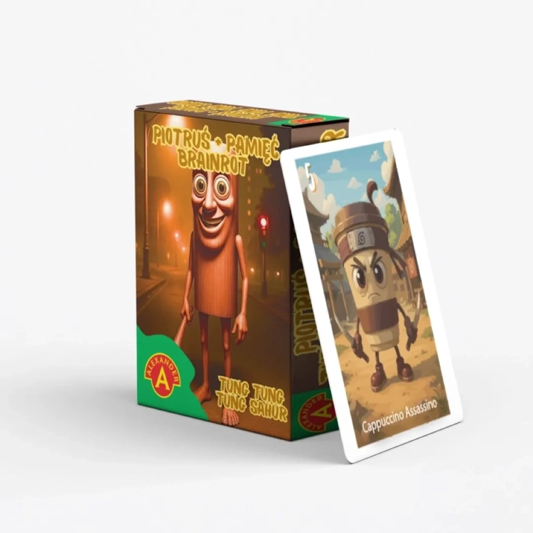 Pudełko gry Piotruś Brainrot Tung Sahur obok karty przedstawiającej Cappuccino Assassino.