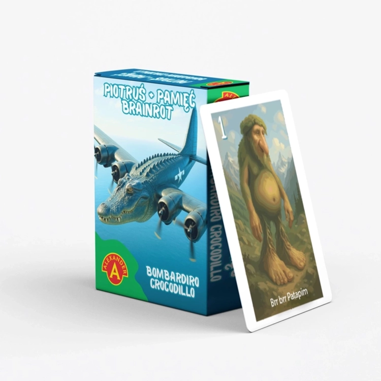 Pudełko gry "Piotruś Brainrot Bombardiro Crocodillo" obok jednej karty przedstawiającej postać "Brr brr Patapim".