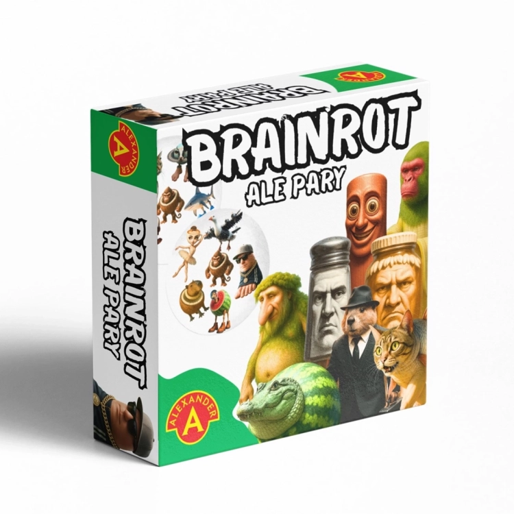 Pudełko gry "Brainrot Ale Pary" z surrealistycznymi postaciami na okładce.