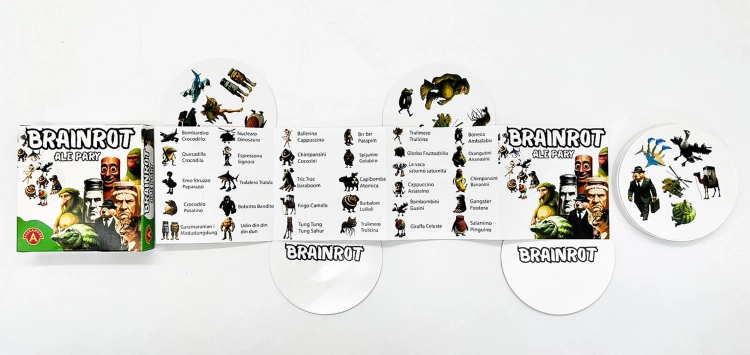 Rozłożone pudełko gry "Brainrot Ale Pary" z instrukcją i rozrzuconymi okrągłymi kartami.