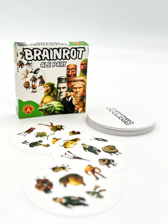 Stos okrągłych kart "Brainrot Ale Pary" z pudełkiem w tle i kilkoma rozłożonymi kartami.