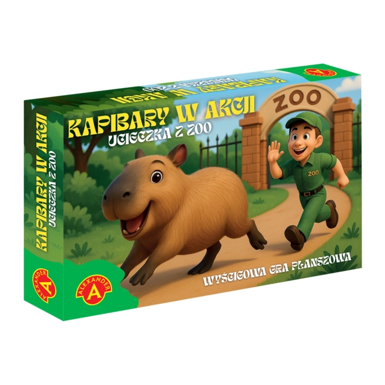 Pudełko gry planszowej "Kapibary w akcji – Ucieczka z zoo" z ilustracją kapibary i pracownika zoo.