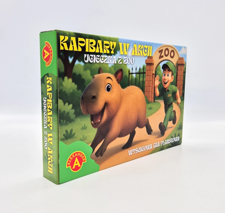 Pudełko gry planszowej "Kapibary w akcji – Ucieczka z zoo".