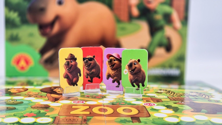 Cztery pionki kapibar w różnych kolorach (żółty, różowy, fioletowy, zielony) stojące na planszy do gry "Kapibary w akcji – Ucieczka z zoo".