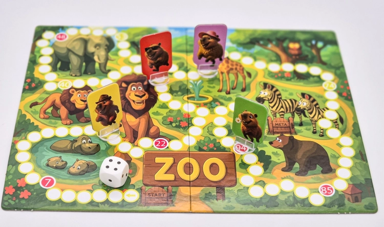 Plansza do gry "Kapibary w akcji – Ucieczka z zoo" z rozstawionymi pionkami kapibar i kostką do gry.