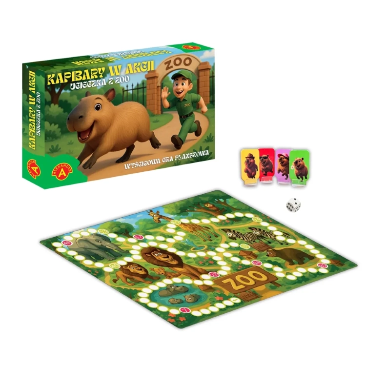 Pudełko gry "Kapibary w akcji – Ucieczka z zoo" obok rozłożonych elementów gry, w tym planszy, pionków kapibar i kostek.