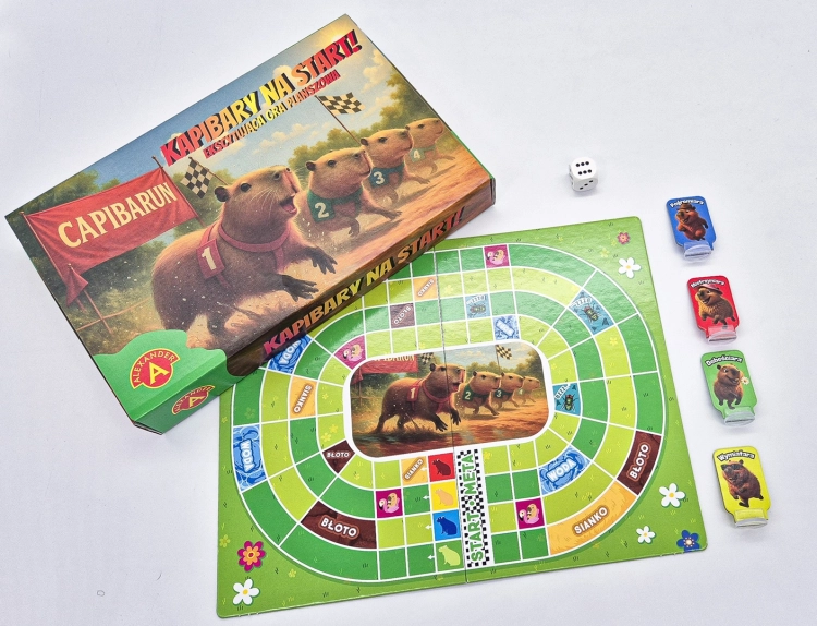 Pudełko gry planszowej "Kapibary na Start" obok rozłożonej planszy, kostki do gry i pionków kapibar.