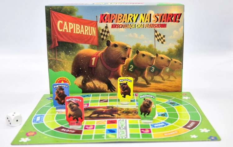 Pudełko gry "Kapibary na Start" z planszą do gry, trzema pionkami kapibar i kostką.