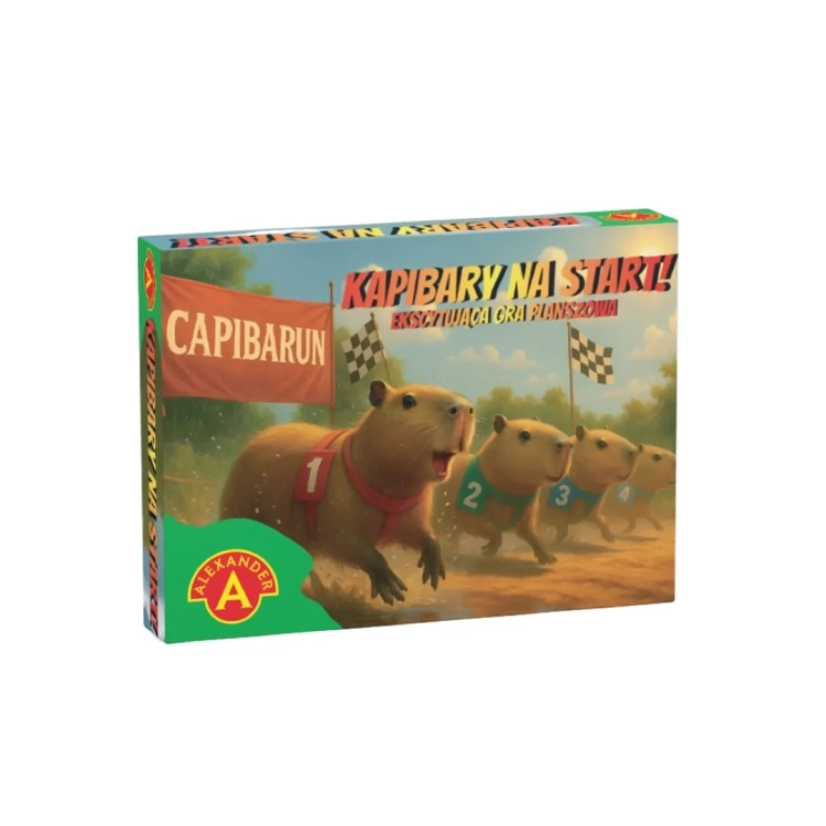 Pudełko gry planszowej "Kapibary na Start" z główną grafiką biegnących kapibar.