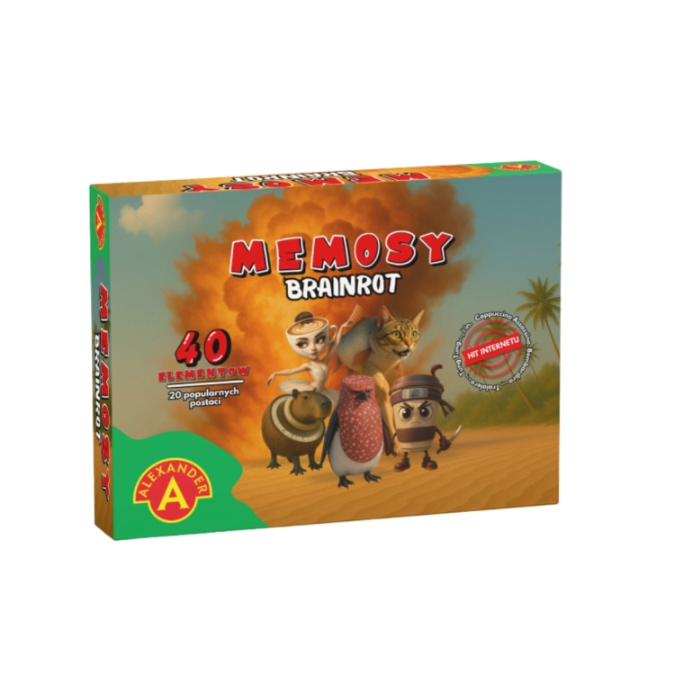 Pudełko gry "Memosy Brainrot" z ilustracją surrealistycznych postaci i napisem "40 elementów, 20 popularnych postaci".