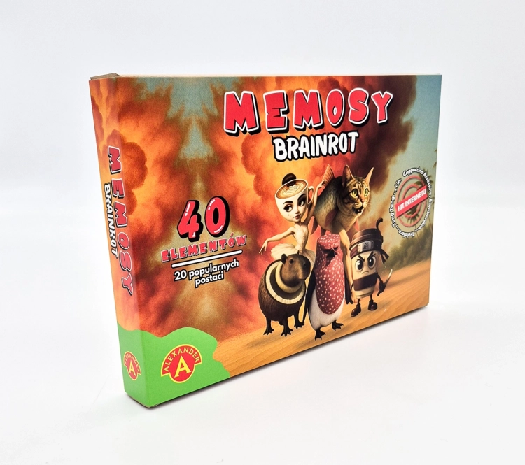 Pudełko gry "Memosy Brainrot" otoczone rozłożonymi okrągłymi kartami z surrealistycznymi ilustracjami do gry memory.