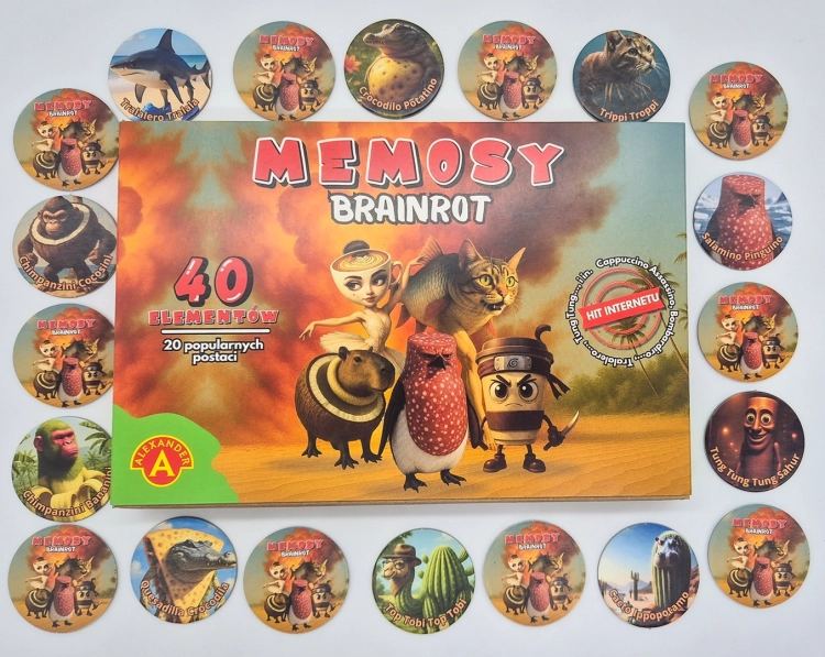 Pudełko gry "Memosy Brainrot" oraz stosy okrągłych kart z różnymi postaciami do gry memory.