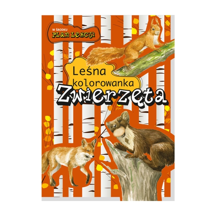 Okładka edukacyjnej kolorowanki "Leśne zwierzęta" Multico 3+ z wizerunkami wiewiórki, lisa, kuny i planem lekcji.