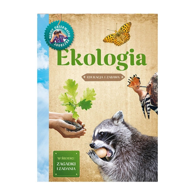 Okładka książki edukacyjnej Ekologia dla dzieci 7+ Multico, z szopem praczem i motylem.