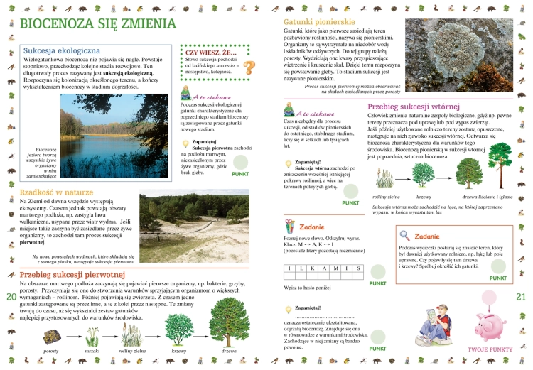 Książka edukacyjna Ekologia dla dzieci 7+ Multico - rozkładówka o biocenozach i sukcesji.