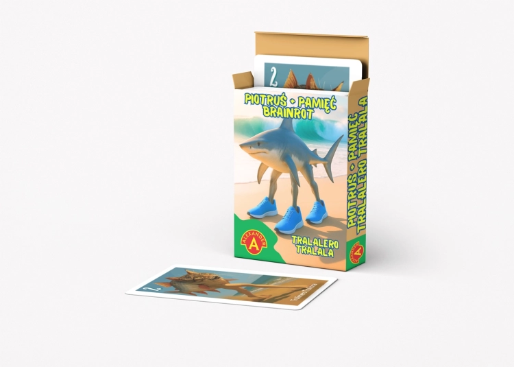 Pudełko gry Piotruś Brainrot Tralalero Tralala z jedną wystającą kartą na białym tle.