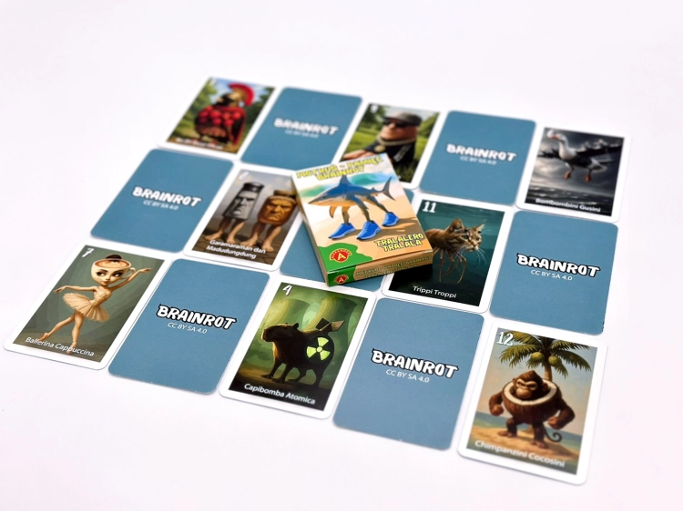 Rozłożone karty z gry karcianej Piotruś Brainrot w układzie na stole.