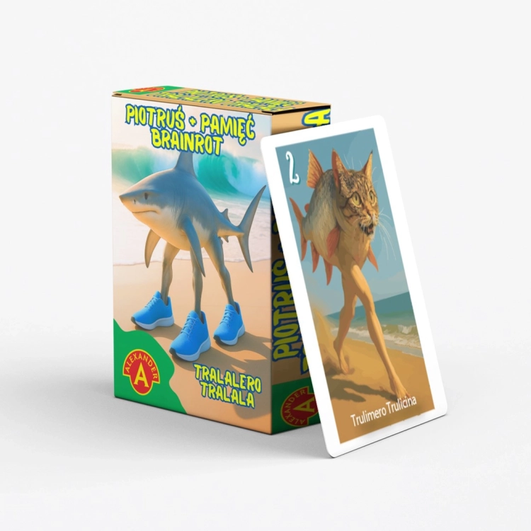 Pudełko z grą Piotruś Brainrot Tralalero Tralala i karta przedstawiająca kota z rybą.