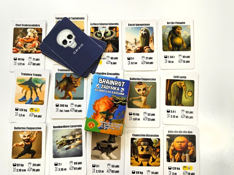 Duża plansza z rozłożonymi kartami z gry Brainrot Zadymka, widoczne różne postacie i pudełko.