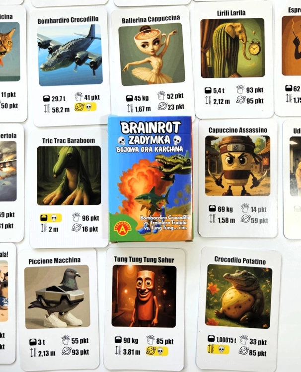 Karty z gry Brainrot Zadymka ułożone w rzędy, pokazujące różnorodność postaci.