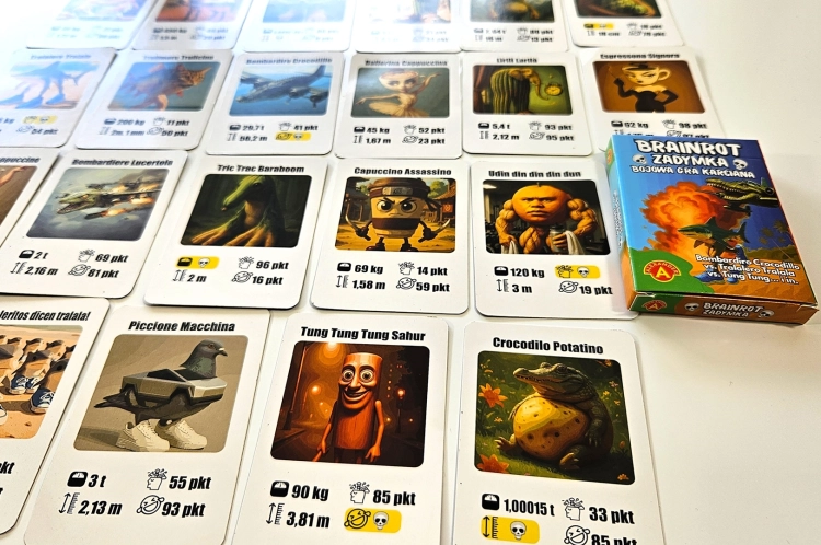 Karty z gry Brainrot Zadymka ułożone w rzędy, pokazujące różnorodność postaci.