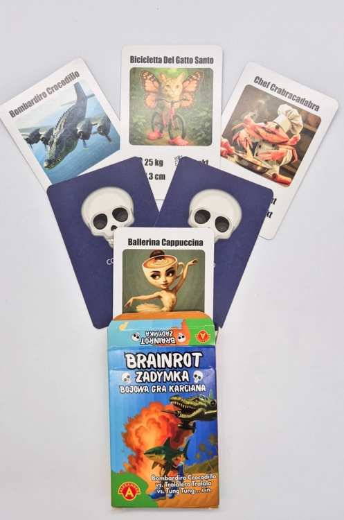 Pudełko gry Brainrot Zadymka z wysypującymi się kartami na białym tle.