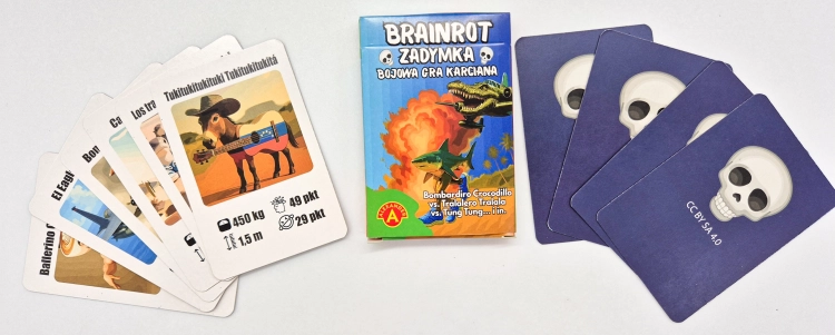 Część kart z gry Brainrot Zadymka, na wierzchu widać postać kowboja grającego na gitarze.