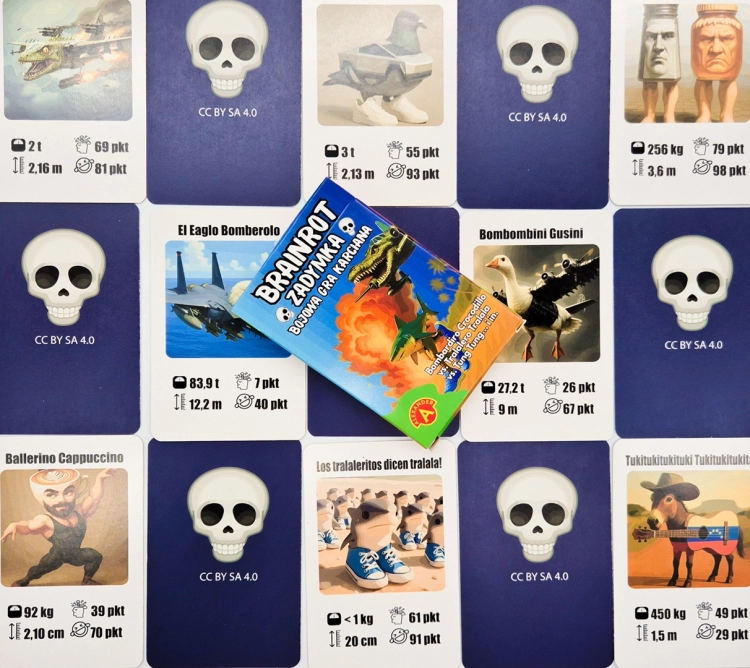 Rozłożone karty z gry Brainrot Zadymka z awersami postaci i rewersami z czaszką.