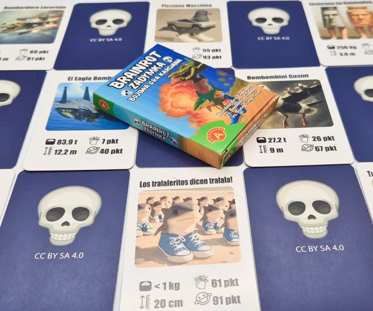 Rozłożone karty z gry Brainrot Zadymka z awersami postaci i rewersami z czaszką.