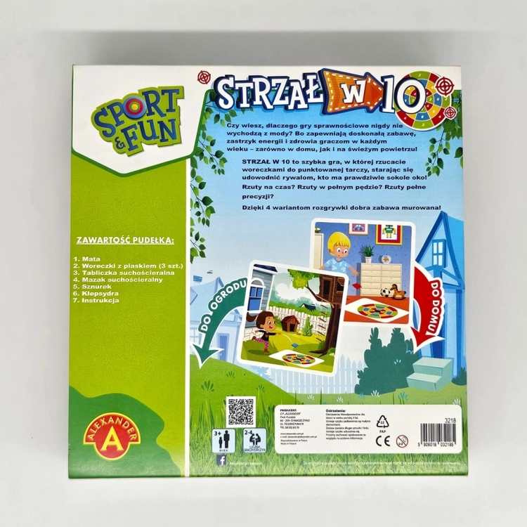 Tył pudełka gry "Strzał w 10" od Alexander, widoczna zawartość i zasady gry.