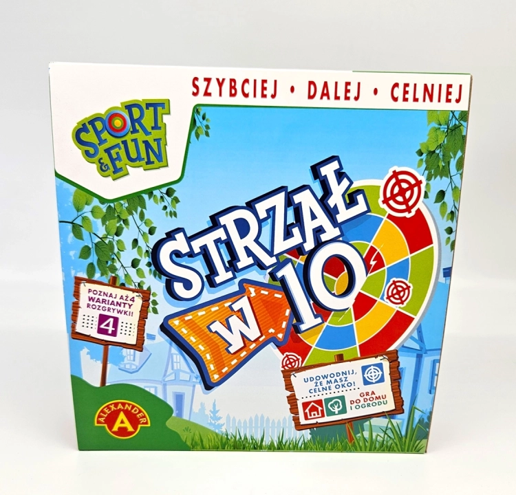 Frontowe opakowanie gry rodzinnej "Strzał w 10".