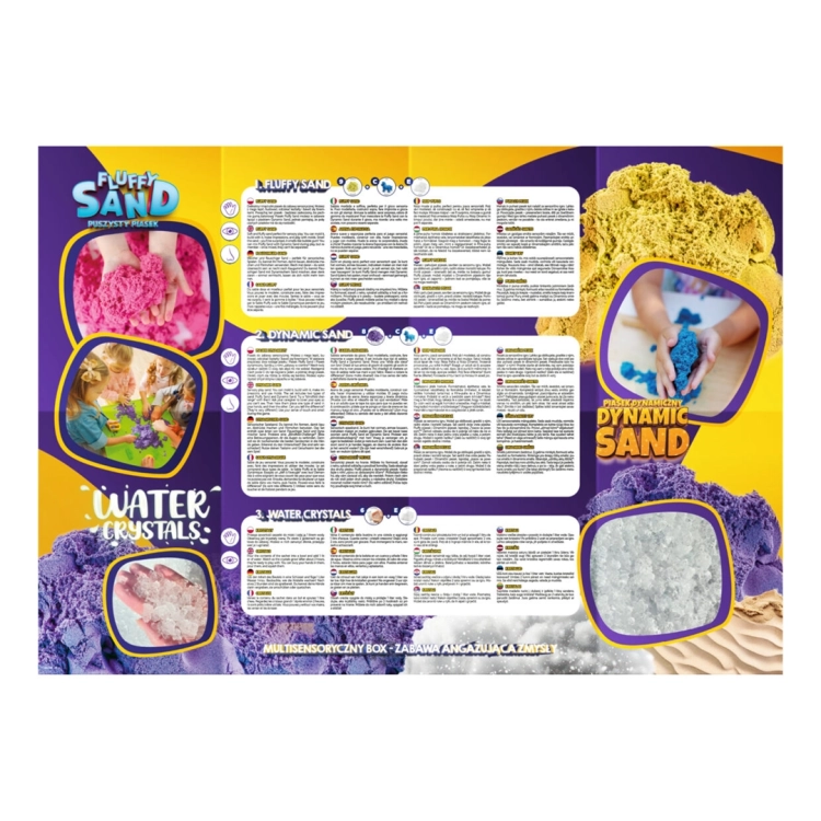 Rozłożona ulotka z instrukcją zestawu Multisensory Box, szczegóły dotyczące puszystego piasku, dynamicznego piasku i kryształów wody.
